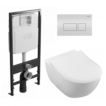 Комплект 3 в 1 инсталляция D&K DI8055119 + Унитаз подвесной Villeroy & Boch Subway 2.0 5614R201 + Кнопка прямоугольная белая