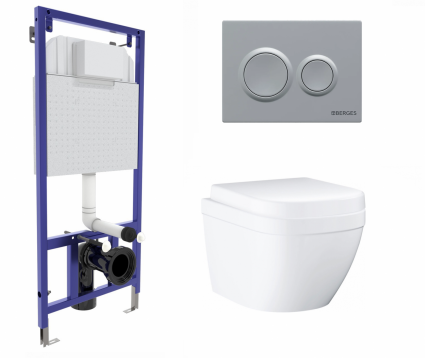 Berges Wasserhaus Комплект 3 в 1 инсталляция Berges Novum O2 + Унитаз подвесной Grohe Euro Ceramic 39206000 с кнопкой матовой хром