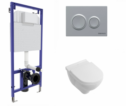 Berges Wasserhaus Комплект 3 в 1 инсталляция Berges Novum O2 + Унитаз подвесной Villeroy & Boch O Novo Directflush с кнопкой матовой хром