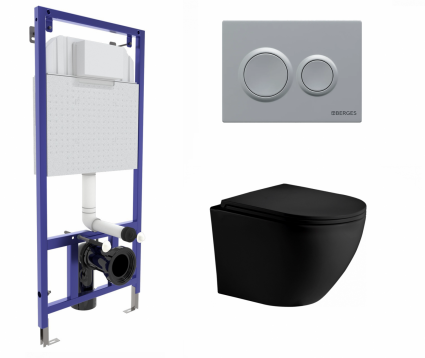 Berges Wasserhaus Комплект 3 в 1 инсталляция Berges Novum O2 + Унитаз подвесной Weltwasser WW Merzbach 043 MT-BL черный с кнопкой матовой хром