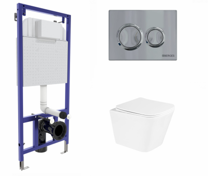 Berges Wasserhaus Комплект 3 в 1 инсталляция Berges Novum O3 + Унитаз подвесной BelBagno Due BB3103CHR/SC с кнопкой глянцевой хром