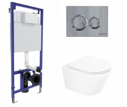 Berges Wasserhaus Комплект 3 в 1 инсталляция Berges Novum O3 + Унитаз подвесной BelBagno Tre BB8001CHR/SC с кнопкой глянцевой хром