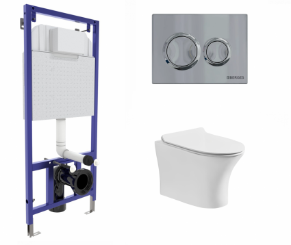 Berges Wasserhaus Комплект 3 в 1 инсталляция Berges Novum O3 + Подвесной унитаз CeruttiSpa Bernina aria CT7191 с кнопкой глянцевой хром