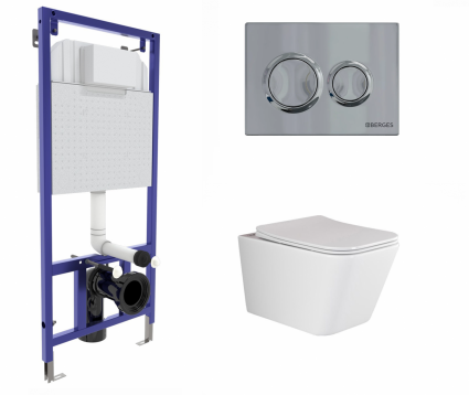 Berges Wasserhaus Комплект 3 в 1 инсталляция Berges Novum O3 + Унитаз подвесной Ceramica Nova Metric Rimless CN3007 с кнопкой глянцевой хром