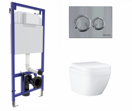 Berges Wasserhaus Комплект 3 в 1 инсталляция Berges Novum O3 + Унитаз подвесной Grohe Euro Ceramic 39206000 с кнопкой глянцевой хром