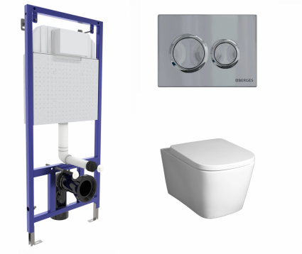 Berges Wasserhaus Комплект 3 в 1 инсталляция Berges Novum O3 + Унитаз подвесной BelBagno Albano BB120CHR с кнопкой глянцевой хром