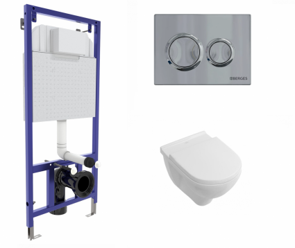 Berges Wasserhaus Комплект 3 в 1 инсталляция Berges Novum O3 + Унитаз подвесной Villeroy & Boch O Novo Directflush с кнопкой глянцевой хром