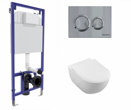 Berges Wasserhaus Комплект 3 в 1 инсталляция Berges Novum O3 + Унитаз подвесной Villeroy & Boch Subway 2.0 5614R201 с кнопкой глянцевой хром