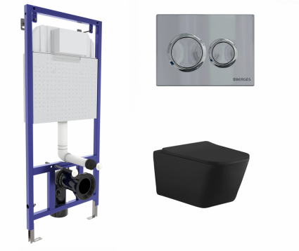 Berges Wasserhaus Комплект 3 в 1 инсталляция Berges Novum O3 + Унитаз подвесной Aquanet Tavr-W BW 287011 черный с кнопкой глянцевой хром