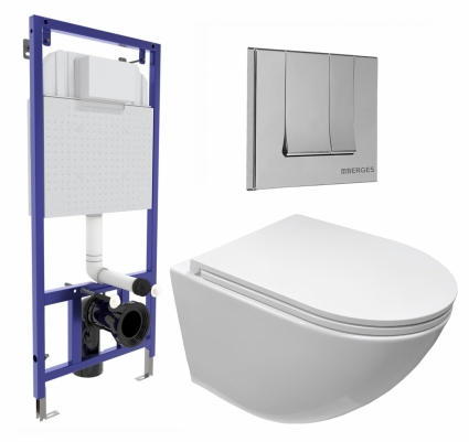 Комплект 3 в 1 инсталляция Berges Wasserhaus Novum 040243 + Подвесной безободковый унитаз CeruttiSpa Sella aria CT7183 + кнопка хром