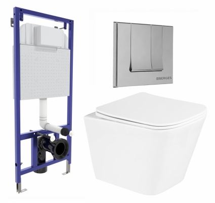 Комплект 3 в 1 инсталляция Berges Wasserhaus Novum 040243 + Унитаз подвесной BelBagno Due BB3103CHR/SC + кнопка хром