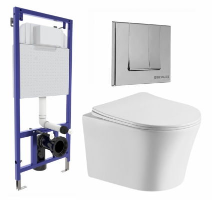 Комплект 3 в 1 инсталляция Berges Wasserhaus Novum 040243 + Подвесной унитаз CeruttiSpa Adige Aria CT7837 + кнопка хром
