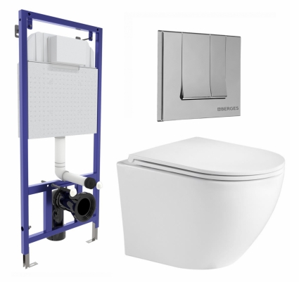 Комплект 3 в 1 инсталляция Berges Wasserhaus Novum 040243 + Подвесной унитаз WeltWasser Merzbach 043 GL-WT + кнопка хром