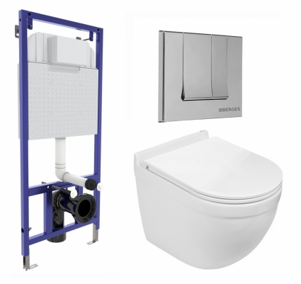 Комплект 3 в 1 инсталляция Berges Wasserhaus Novum 040243 + Подвесной унитаз WeltWasser Heimbach 043 GL-WT + кнопка хром