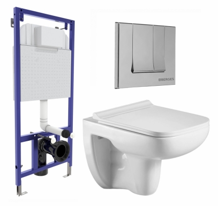 Комплект 3 в 1 инсталляция Berges Wasserhaus Novum 040243 + Подвесной унитаз WeltWasser Kehlbach 004 GL-WT + кнопка хром