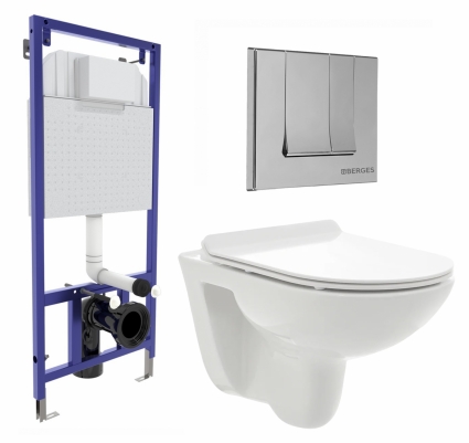 Комплект 3 в 1 инсталляция Berges Wasserhaus Novum 040243 + Унитаз подвесной AQUAme AQM2008 + кнопка хром
