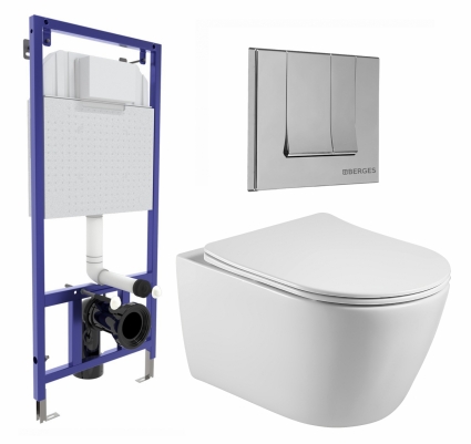 Комплект 3 в 1 инсталляция Berges Wasserhaus Novum 040243 + Унитаз подвесной Акватек Вега AQ1905-00 + кнопка хром