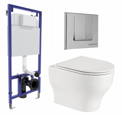 Комплект 3 в 1 инсталляция Berges Wasserhaus Novum 040243 + Подвесной унитаз WeltWasser Erlenbach 004 GL-WT + кнопка хром
