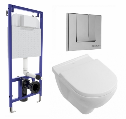 Комплект 3 в 1 инсталляция Berges Wasserhaus Novum 040243 + Унитаз подвесной Villeroy & Boch O Novo Directflush + кнопка хром
