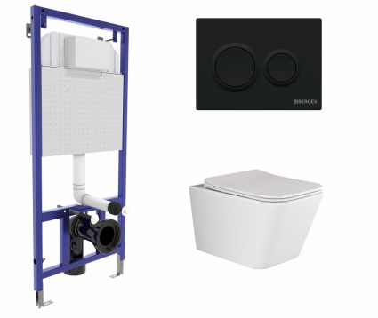 Berges Wasserhaus Комплект 3 в 1 инсталляция Berges Novum O5 + Унитаз подвесной Ceramica Nova Metric Rimless CN3007 с кнопкой черной