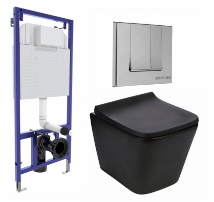 Комплект 3 в 1 инсталляция Berges Wasserhaus Novum 040243 + Подвесной унитаз WeltWasser Gelbach 043 MT-BL + кнопка хром
