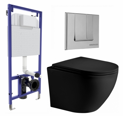 Комплект 3 в 1 инсталляция Berges Wasserhaus Novum 040243 + Унитаз подвесной Weltwasser WW Merzbach 043 MT-BL + кнопка хром