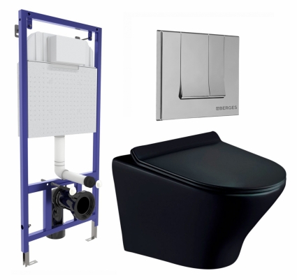 Комплект 3 в 1 инсталляция Berges Wasserhaus Novum 040243 + Унитаз подвесной Esbano Aster ESUPASTEBM + кнопка хром