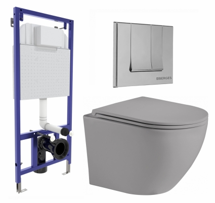 Комплект 3 в 1 инсталляция Berges Wasserhaus Novum 040243 + Унитаз подвесной Weltwasser WW Merzbach 043 MT-GR + кнопка хром
