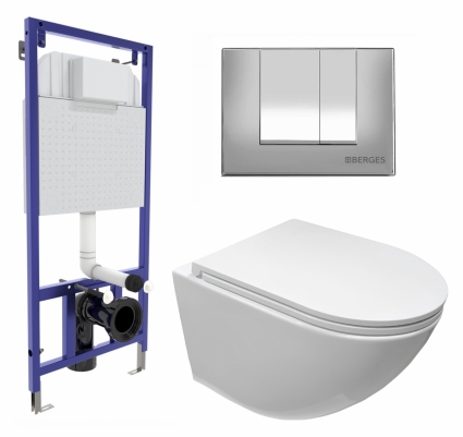 Комплект 3 в 1 инсталляция Berges Wasserhaus Novum 040242 + Подвесной безободковый унитаз CeruttiSpa Sella aria CT7183 + кнопка хром матовая
