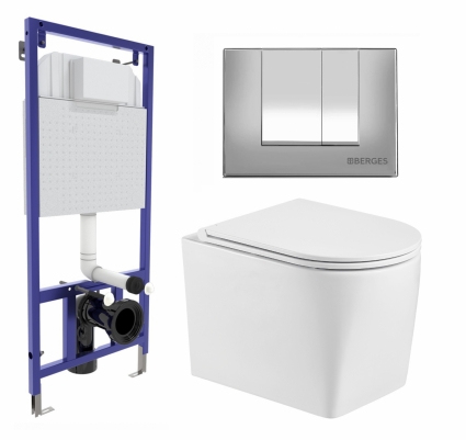 Комплект 3 в 1 инсталляция Berges Wasserhaus Novum 040242 + Унитаз подвесной WeltWasser Nesenbach 004 GL-WT + кнопка хром матовая