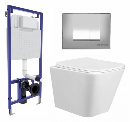 Комплект 3 в 1 инсталляция Berges Wasserhaus Novum 040242 + Унитаз подвесной Taliente Correto CR25200 + кнопка хром матовая