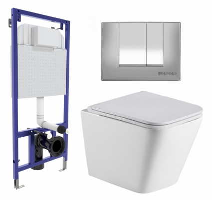 Комплект 3 в 1 инсталляция Berges Wasserhaus Novum 040242 + Подвесной унитаз WeltWasser Gelbach 043 GL-WT + кнопка хром матовая