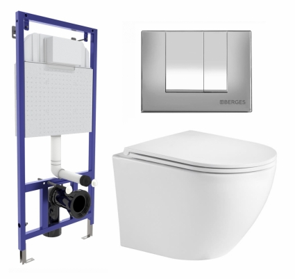 Комплект 3 в 1 инсталляция Berges Wasserhaus Novum 040242 + Подвесной унитаз WeltWasser Merzbach 043 GL-WT + кнопка хром матовая