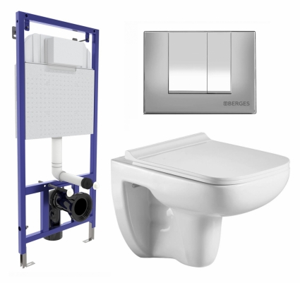 Комплект 3 в 1 инсталляция Berges Wasserhaus Novum 040242 + Подвесной унитаз WeltWasser Kehlbach 004 GL-WT + кнопка хром матовая