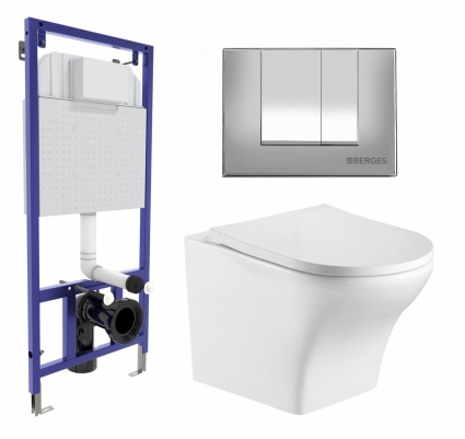 Комплект 3 в 1 инсталляция Berges Wasserhaus Novum 040242 + Подвесной унитаз WeltWasser Odenbach 004 GL-WT + кнопка хром матовая