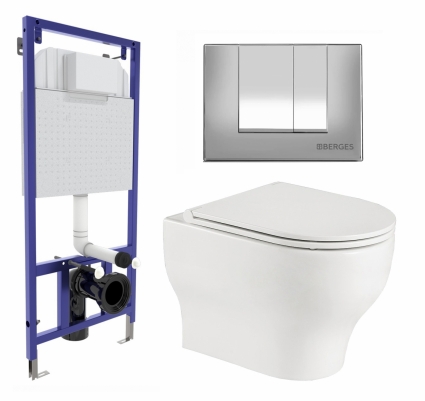 Комплект 3 в 1 инсталляция Berges Wasserhaus Novum 040242 + Подвесной унитаз WeltWasser Erlenbach 004 GL-WT + кнопка хром матовая