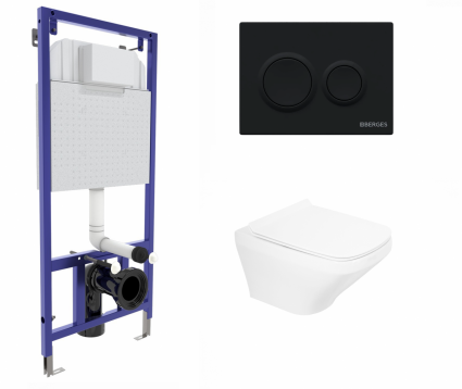 Berges Wasserhaus Комплект 3 в 1 инсталляция Berges Novum O5 + Унитаз подвесной BelBagno Sela BB3201CHR с кнопкой черной