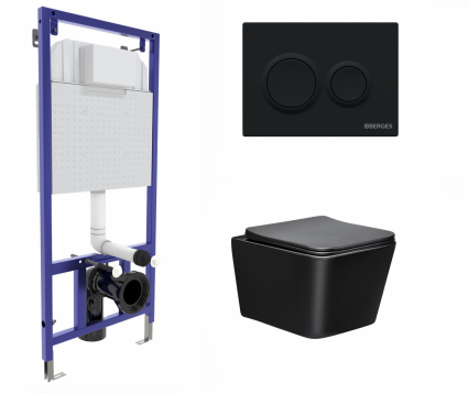Berges Wasserhaus Комплект 3 в 1 инсталляция Berges Novum O5 + Подвесной унитаз Vincea Q-Line VT1-12MB черный с кнопкой черной