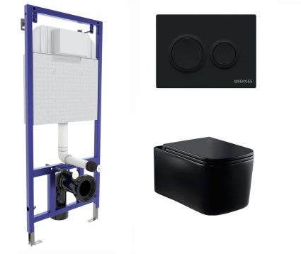Berges Wasserhaus Комплект 3 в 1 инсталляция Berges Novum O5 + Подвесной унитаз Vincea Ultra Rimless VT1-32MB черный с кнопкой черной