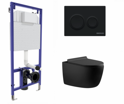 Berges Wasserhaus Комплект 3 в 1 инсталляция Berges Novum O5 + Унитаз подвесной Aquanet Cetus 287008 черный с кнопкой черной