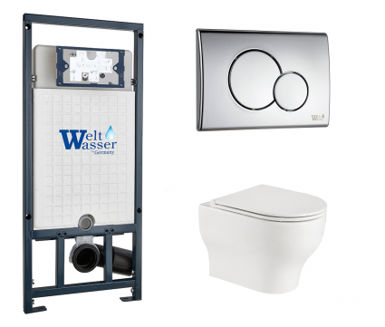 Комплект 3 в 1 инсталляция WeltWasser WW Marberg 507 + Подвесной унитаз WeltWasser Erlenbach 004 GL-WT с кнопкой хром RD