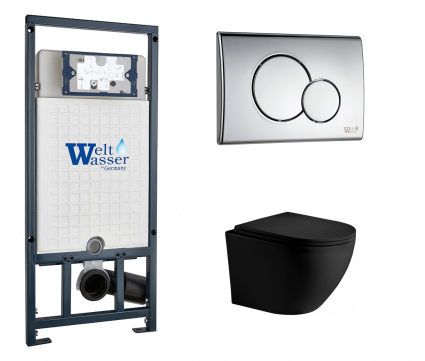Комплект 3 в 1 инсталляция WeltWasser WW Marberg 507 + Унитаз подвесной Weltwasser WW Merzbach 043 MT-BL черный с кнопкой хром RD