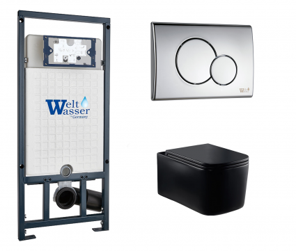 Комплект 3 в 1 инсталляция WeltWasser WW Marberg 507 + Унитаз подвесной Vincea Ultra Rimless VT1-32MB черный с кнопкой хром RD