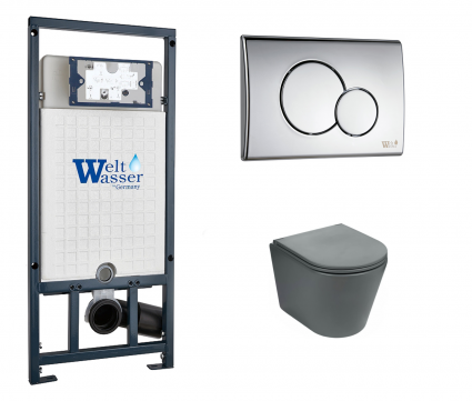 Комплект 3 в 1 инсталляция WeltWasser WW Marberg 507 + Подвесной унитаз WeltWasser Salzbach 043 MT-GR серый с кнопкой хром RD