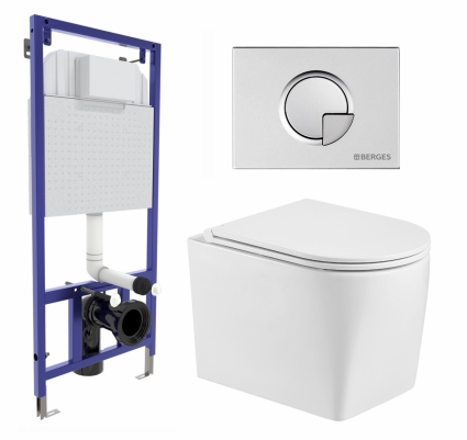 Комплект 3 в 1 инсталляция Berges Wasserhaus Novum 040222 + Унитаз подвесной WeltWasser Nesenbach 004 GL-WT + кнопка хром матовая