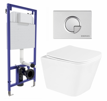 Комплект 3 в 1 инсталляция Berges Wasserhaus Novum 040222 + Унитаз подвесной BelBagno Due BB3103CHR/SC + кнопка хром матовая