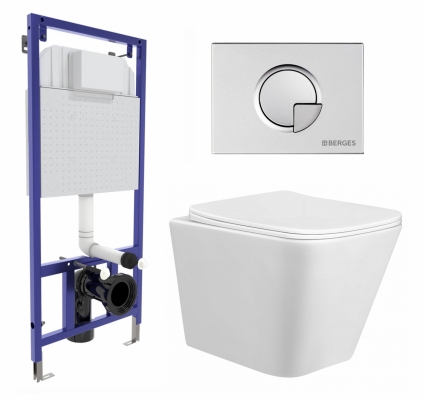 Комплект 3 в 1 инсталляция Berges Wasserhaus Novum 040222 + Унитаз подвесной Taliente Correto CR25200 + кнопка хром матовая