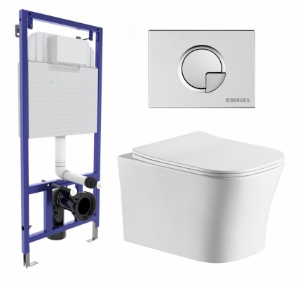 Комплект 3 в 1 инсталляция Berges Wasserhaus Novum 040222 + Подвесной унитаз CeruttiSpa Marmolada aria CT7778 + кнопка хром матовая