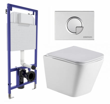 Комплект 3 в 1 инсталляция Berges Wasserhaus Novum 040222 + Подвесной унитаз WeltWasser Gelbach 043 GL-WT + кнопка хром матовая