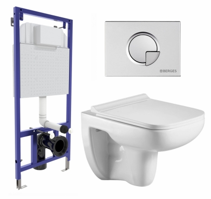 Комплект 3 в 1 инсталляция Berges Wasserhaus Novum 040222 + Подвесной унитаз WeltWasser Kehlbach 004 GL-WT + кнопка хром матовая